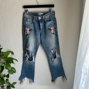 Women's Distressed Blue Jeans with Floral Embroidery